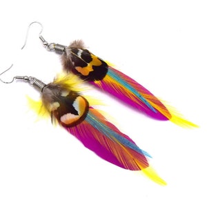 May include: A pair of feather earrings with pink, yellow, blue, and brown feathers. The earrings have silver hooks.