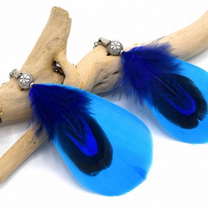 Peut inclure: Une paire de boucles d'oreilles pendantes en plumes de paon bleu et noir avec des accents argentés.