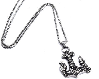 Thor's hammer Mjöllnir pendant necklace, wolf and raven, Viking, god Odin, in 304 stainless steel