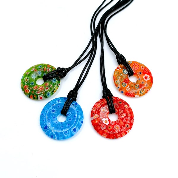 Collier pendentif rond en verre donut Millefiori multicolore