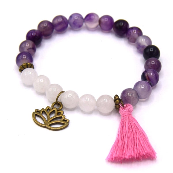 Bracelet élastique femme lotus en perle d'agate violette et quartz blanc