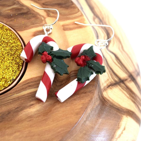 Boucles d'oreilles Noël sucre d'orge et bonhomme en pain d'épice, Boucles d'oreilles gingerbread