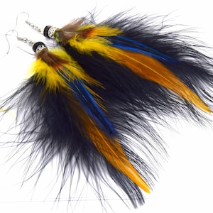 Kachina Feather Earrings - Ethnic Feather - Ethnic Jewelry - Black and Blue Feather Jewelry - Grizzly Bear