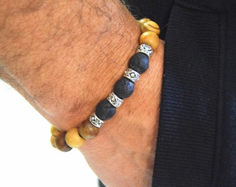 Man bracelet in olive wood beads and natural lava - French artisan pearls -