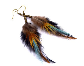 Boucles d'oreilles plumes Kishi - Ethnic Feather - Bijoux ethniques - bijoux plumes noir et vert - grizzly