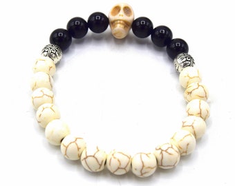 Elastic bracelet male/female skull gemstone black agate and gemstone howlite - ETHNICFEATHER.