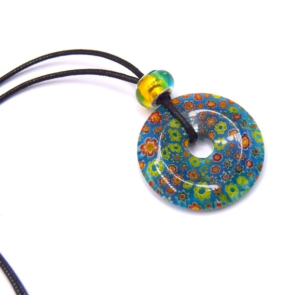 Collier pendentif rond en verre donut Millefiori multicolore