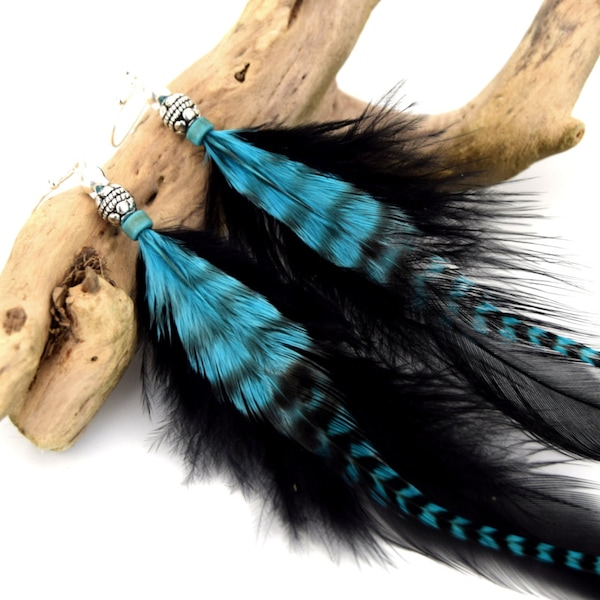 Boucles d'oreilles plumes Oneida - Ethnic Feather - Bijoux ethniques - plume turquoise rayée noire