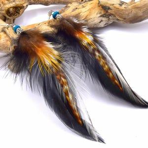 Adriel Feather Earrings - Ethnic Feather - Ethnic Jewelry - Black and Brown Feather Jewelry - Grizzly