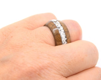 Walnut wood ring inlaid with white stone howlite - Wooden wedding ring men's or women's jewelry