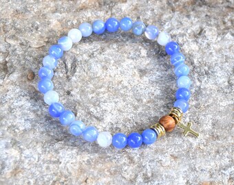Natural gemstone chalcedony bead bracelet, handmade stretch, stainless steel cross, summer beach jewelry