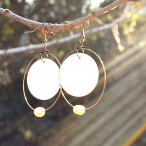 Bronze hoop earrings with natural freshwater pearls and mother-of-pearl washers - handmade summer beach jewelry