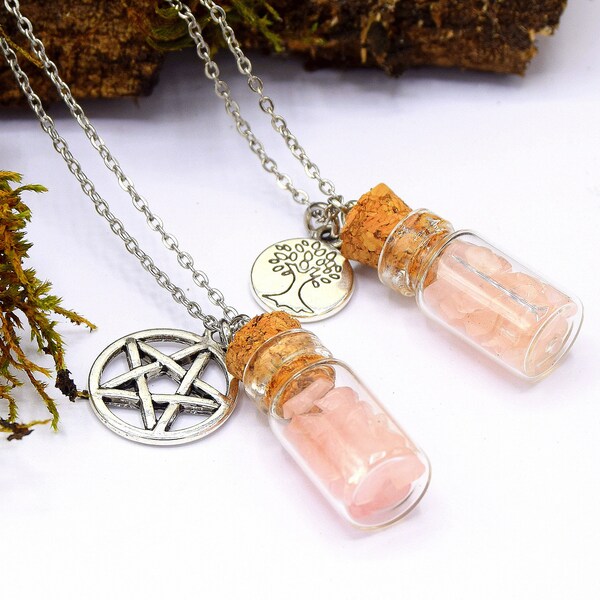 Collier acier inoxydable pendentif fiole en verre quartz rose 2 modèles