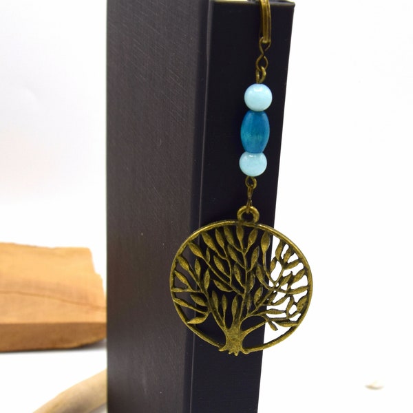 Marque-page arbre de vie bronze, bijoux de livre perles amazonite et perle bois bleu, bookmark gift,marque-page métal