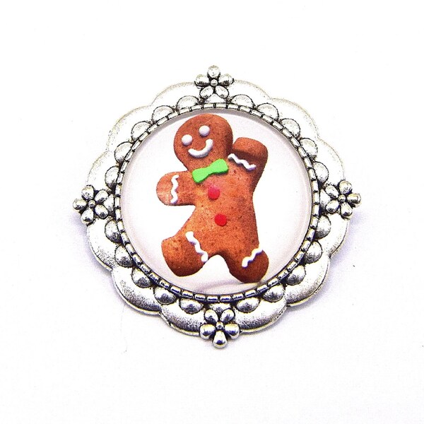 Broche métal argenté cabochon petit biscuit, gingerbread man