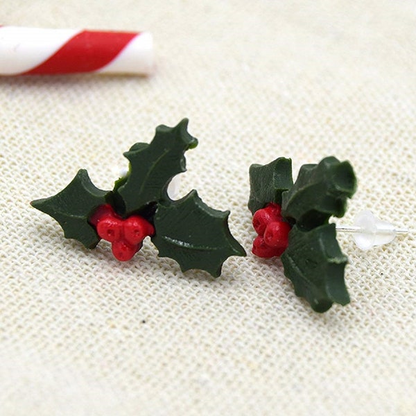 Holly and green earrings, Christmas holly leaf earrings