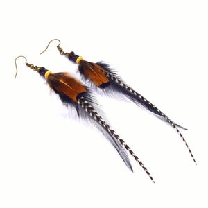 Enyeto Feather Earrings - Ethnic Feather - Ethnic Jewelry - Black and White Feather Jewelry - Grizzly
