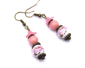 Pendientes flores de porcelana rosa, Boho chic, regalo mujer, cumpleaños