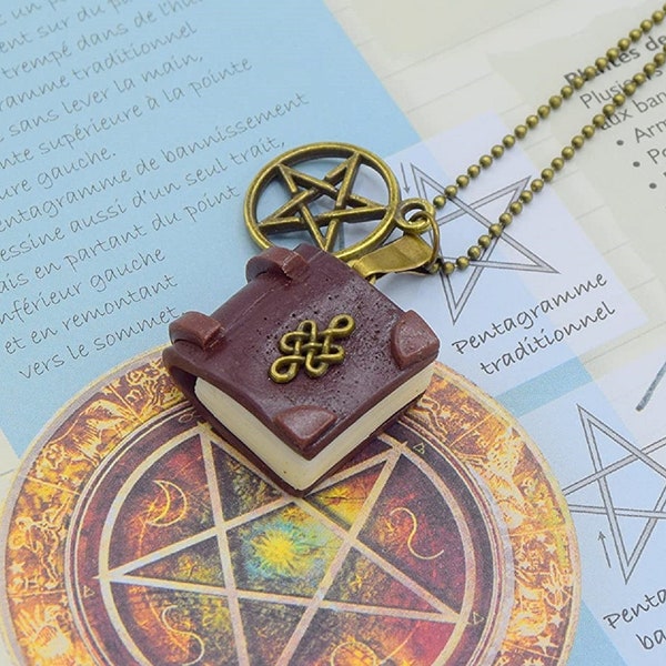 Collier grimoire Wicca et sorcier, mini livre pentacle, pendentif magie, ésotérique