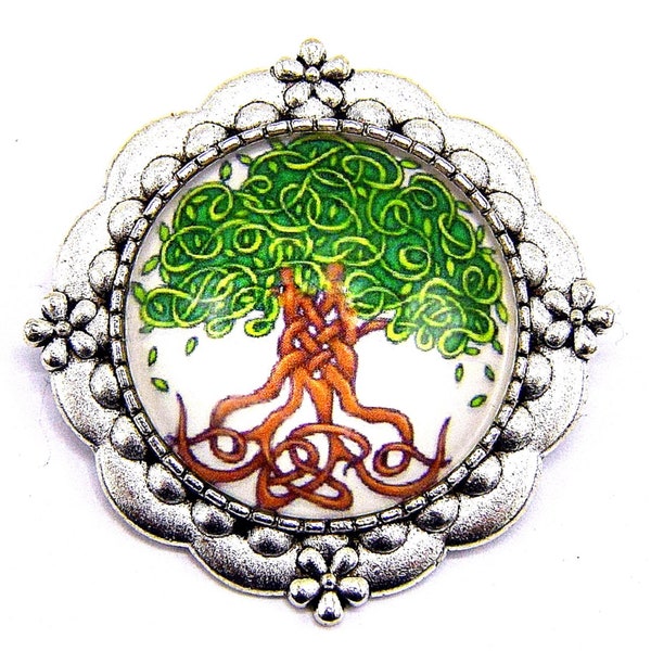 Broche métal argenté cabochon arbre de vie