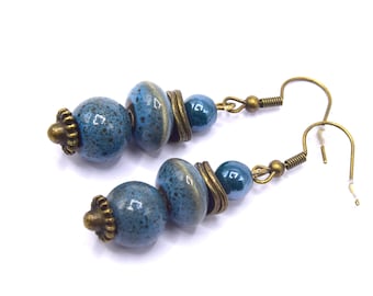 Boucles d'oreilles bleues en céramique, Boho chic, cadeau femme, anniversaire