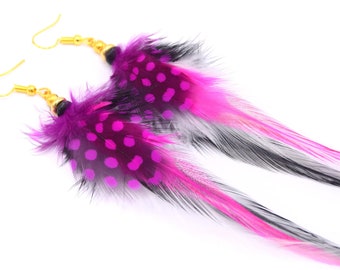 Boucles d'oreilles plumes Olathe rose fuchsia  - Ethnic Feather - Bijoux ethniques amérindien