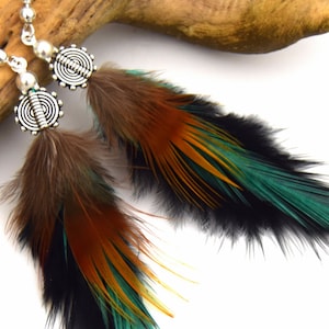 Nokomis feather earrings - Ethnic Feather - Ethnic jewelry - black and green feather jewelry - grizzly bear