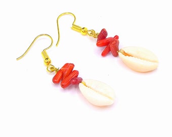 Cowrie shell earrings, red bamboo coral beads, summer jewelry