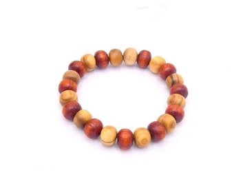 Two-tone elastic bracelet in padouk and olive wood beads - French artisanal pearls