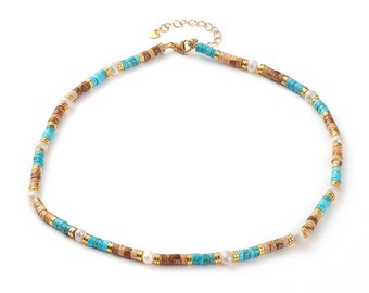 Necklace in natural jasper pearls and turquoise