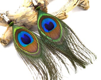 Boucles d'oreilles plumes de paon Nhiòte, Bijoux amérindiens, boucles oreilles ethniques, plumes naturelles création unique, ETHNIC FEATHER