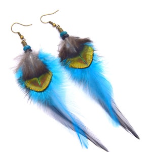 Chimalis feather earring, blue jewelry.