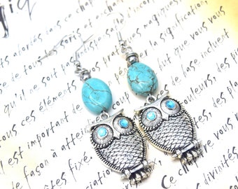 Blue turquoise beaded owl earrings