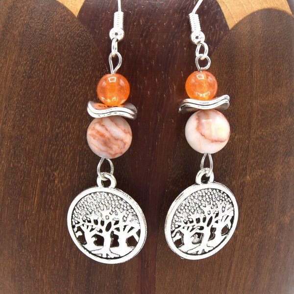 Boucles d'oreilles agate arbre de vie, bijoux yoga, zen, bouddhiste, bijoux ethniques, cadeau femme, bijoux fleur