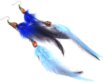 Longues Boucles d'oreilles double plumes Hateya- Ethnic Feather - plumes bleues