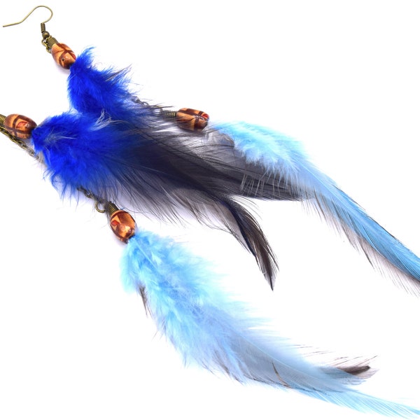 Longues Boucles d'oreilles double plumes Hateya- Ethnic Feather - plumes bleues