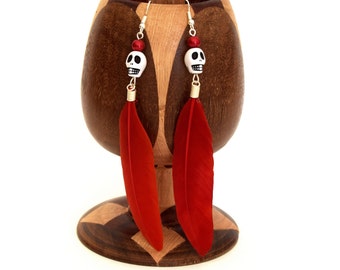 earring feathers red head skull. halloween earring, skull, macabre feather earring