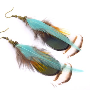 Natane feather earrings - Ethnic Feather - Ethnic jewelry - bronze jewelry in multicolored feathers, long natural feathers,