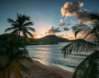 Sunset on Antigua, Fine Art Canvas Gallery Wrap, Beach, Antigua, Tropical, Ocean Landscape Photography, Blue, Tranquil