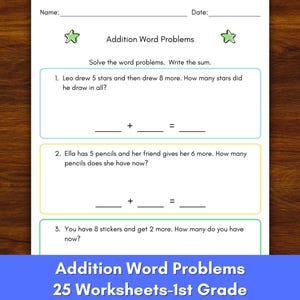 Puede incluir: Una hoja de trabajo para estudiantes de 1er grado con problemas de palabras de suma. La hoja de trabajo incluye tres problemas de suma con espacio para escribir la suma. El título "Problemas de palabras de suma" se muestra en la parte superior. La parte inferior de la página dice "25 hojas de trabajo - 1er grado".