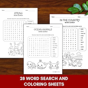 子供向けワードサーチ＆ぬり絵：28枚の小学生向けワークシート（デジタルダウンロード）