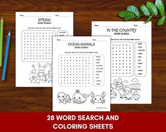 Kids Word Search & Coloring Pages: 28 Elementary Worksheets (Digital Download)