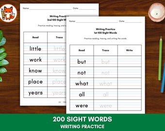 200 Sight Words Writing Practice Worksheets: Kindergarten & 1st Grade Tracing and Handwriting Practice