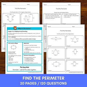 May include: A collection of worksheets titled "Find the Perimeter" with various geometric shapes and word problems. The worksheets are designed for educational purposes, featuring diagrams and questions to solve. The image includes a fox cartoon and text that says "20 pages / 120 questions".