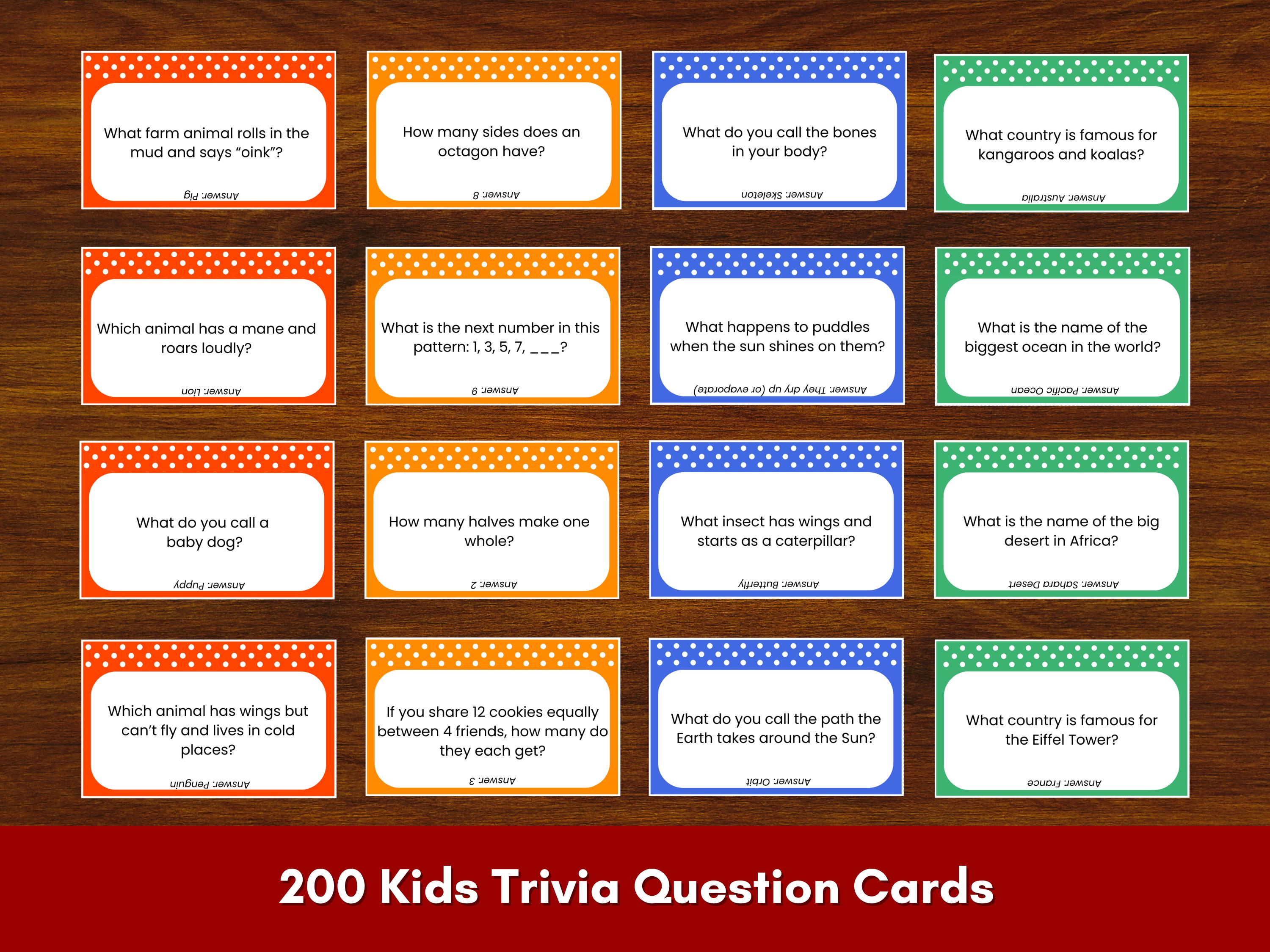 Kids Trivia Cards: 200 Printable Quiz Questions (digital Download