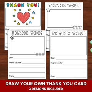 May include: Four white "Thank You" cards with fill-in-the-blank sections and decorative elements. One card features a red heart and stars, while others have stars and flowers. Two colored pencils are on the left. The text "DRAW YOUR OWN THANK YOU CARD" is at the bottom.