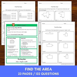 Op de afbeelding: Educatieve werkbladen voor het berekenen van de oppervlakte van vormen, met diagrammen en vragen. De focus ligt op lengte- en breedtemetingen. De tekst luidt "Find the Area" en "23 Pages / 132 Questions". De pagina's liggen op een houten oppervlak.