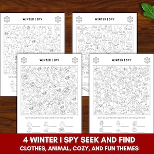 以下が含まれることがあります： さまざまな冬のテーマを持つ、白黒の「Winter I Spy」探し絵アクティビティシートが4枚。シートは、緑と青の鉛筆が置かれた木製の表面にあります。画像の下部には「4 WINTER I SPY SEEK AND FIND CLOTHES, ANIMAL, COZY, AND FUN THEMES」と書かれています。