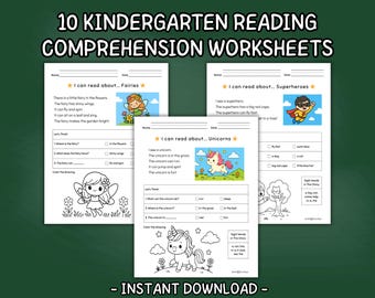 May include: A set of 10 printable kindergarten reading comprehension worksheets featuring fairies, superheroes, and unicorns. Each worksheet includes a short story, multiple choice questions, and a coloring page.
