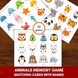 Puede incluir: Juego de memoria con temática de animales con tarjetas de emparejamiento. Las tarjetas presentan ilustraciones coloridas de varios animales, incluidos animales marinos y terrestres. El juego incluye 72 pares de cartas, con el texto "ANIMALS MEMORY GAME MATCHING CARDS WITH NAMES".